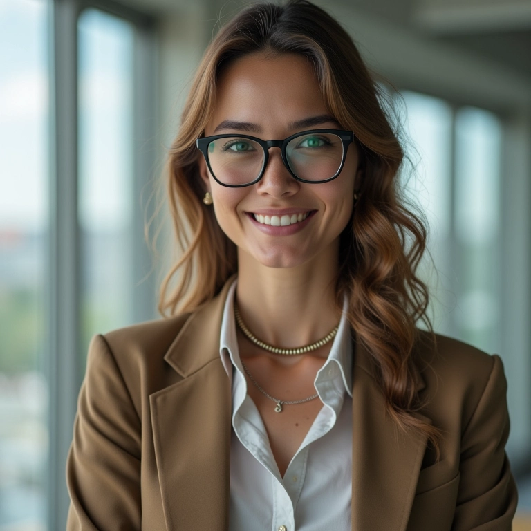 Mulher usando óculos de grau, cinto e joias minimalistas.
