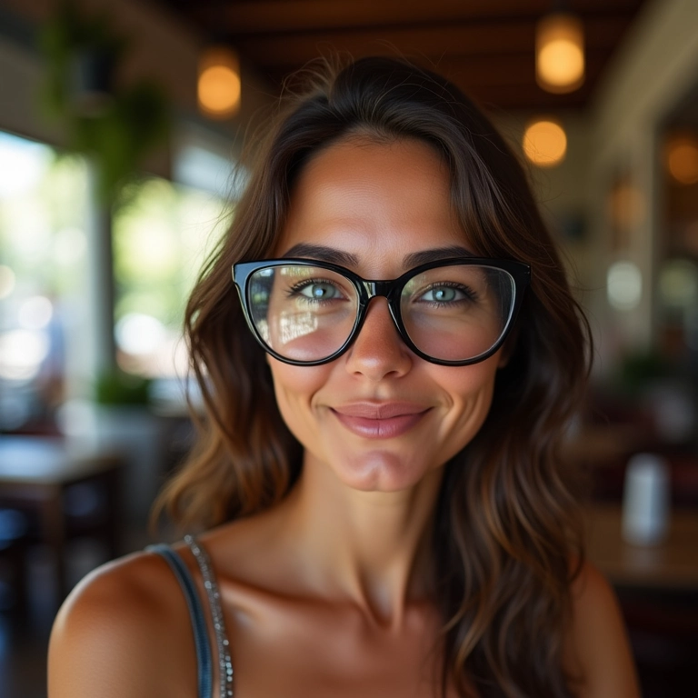 Mulher usando óculos de grau oversized em um café com decoração brasileira.