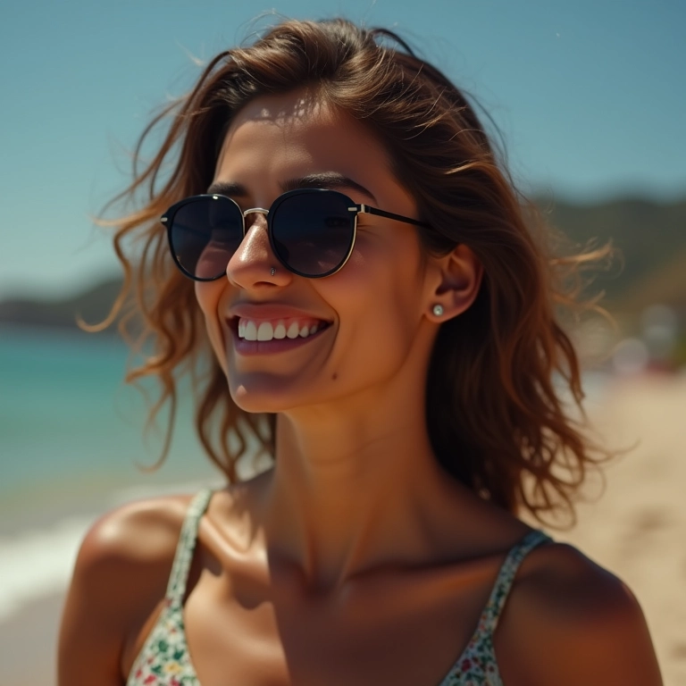 Mulher usando óculos de sol em um dia ensolarado no Rio de Janeiro.
