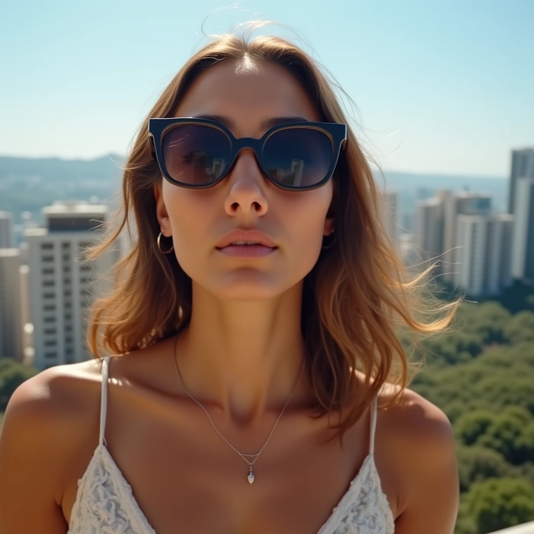 Mulher usando óculos de sol estilosos em cenário urbano brasileiro.
