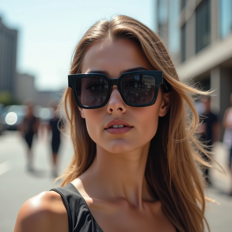 Mulher usando óculos oversized com pose confiante em cenário urbano.