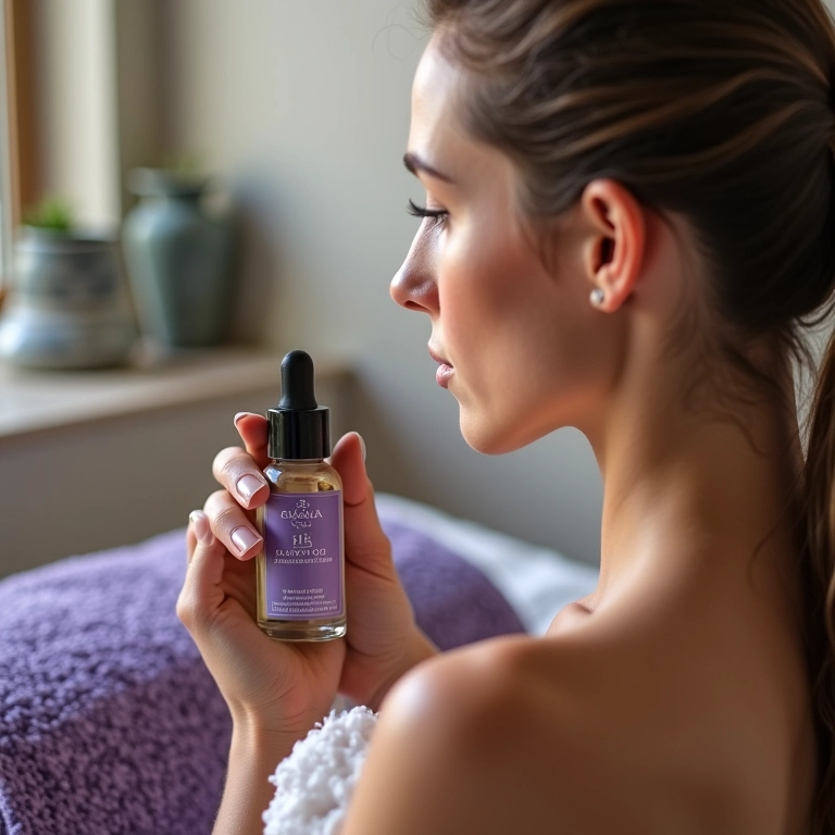 Mulher usando óleo essencial de lavanda de Hvar, Croácia.