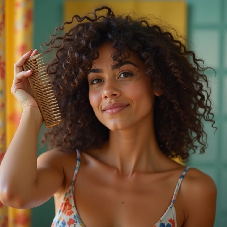 Mulher usando pente de dentes largos em cabelo cacheado.
