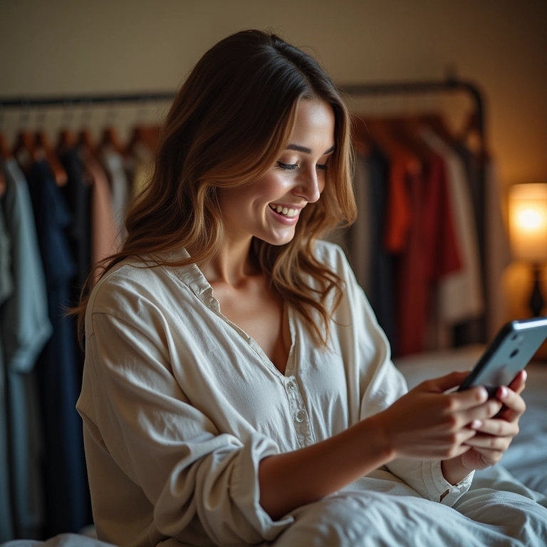 Mulher usando provador virtual no celular, sorrindo e cercada por roupas no quarto.
