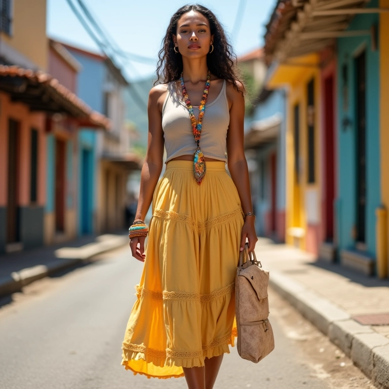 Mulher usando saia vichy combinada com blusa neutra e acessórios coloridos.