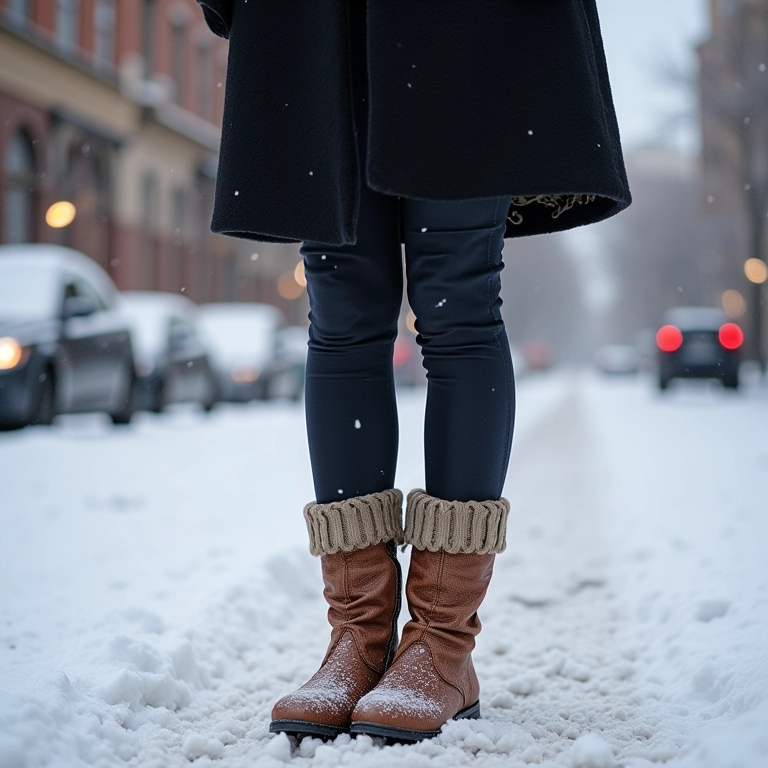 Mulher usando sapatilha de bico fino com meias de lã e casaco de inverno na neve.