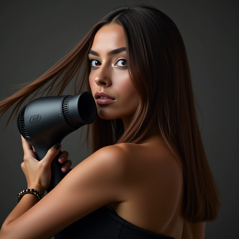 Mulher usando secador com difusor no cabelo liso.