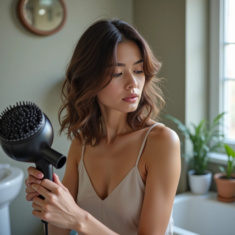 Mulher usando secador e escova modeladora no cabelo fino