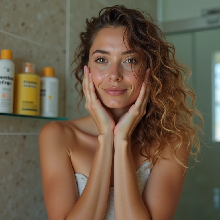 Mulher usando shampoo específico para cabelos coloridos.