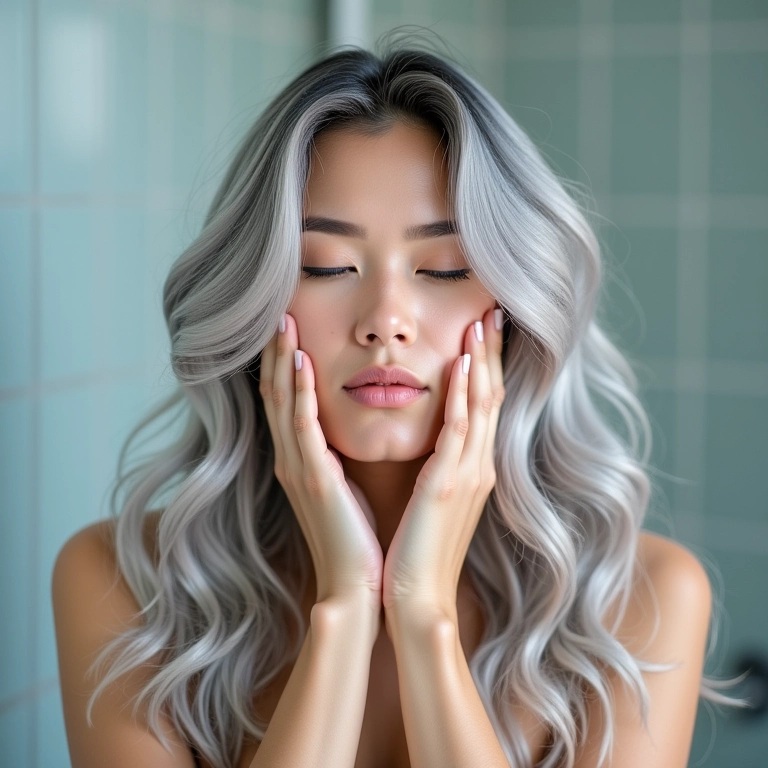 Mulher usando shampoo matizador no cabelo.