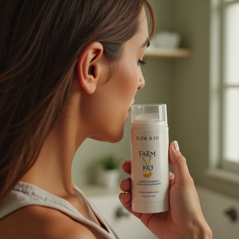 Mulher usando shampoo para cabelos oleosos, foco na embalagem.