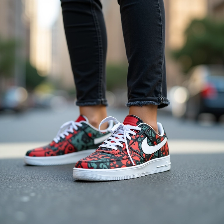 Mulher usando tênis com estampas ousadas em cenário urbano.