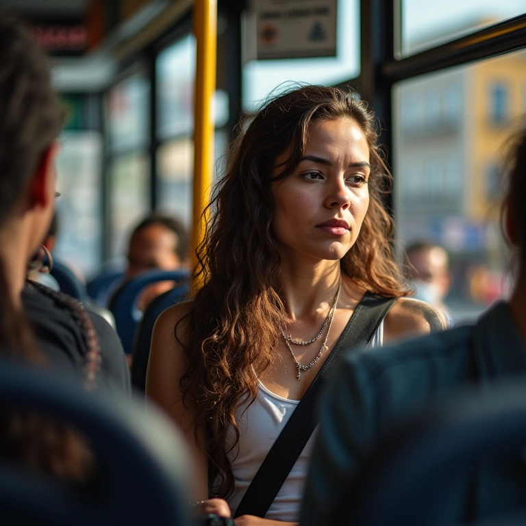 Mulher usando transporte público (ônibus) em uma cidade brasileira.