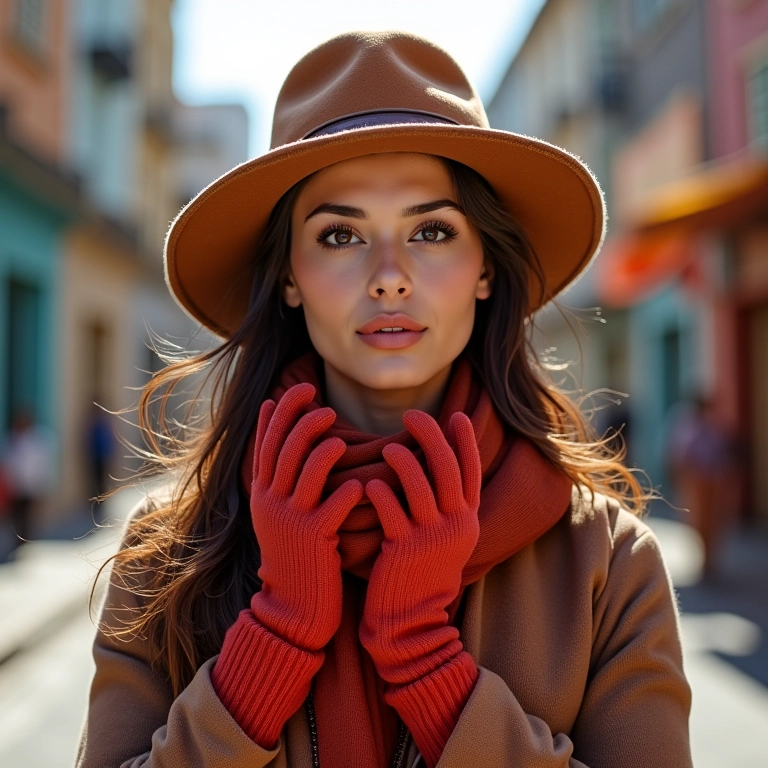 Mulher usando um cachecol, chapéu e luvas estilosos em uma cidade brasileira.