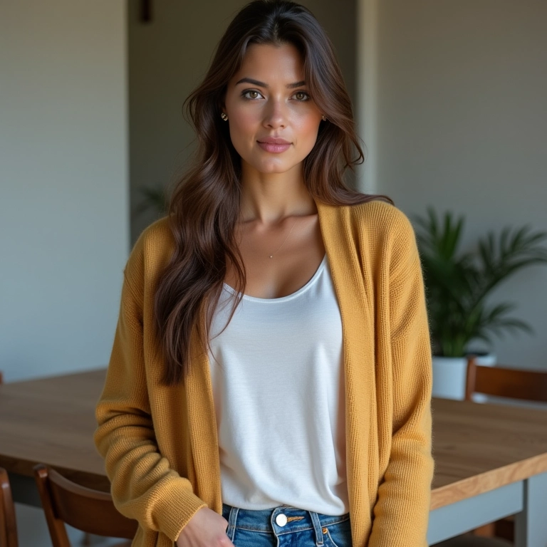 Mulher usando um cardigan estiloso sobre um look básico em ambiente interno.