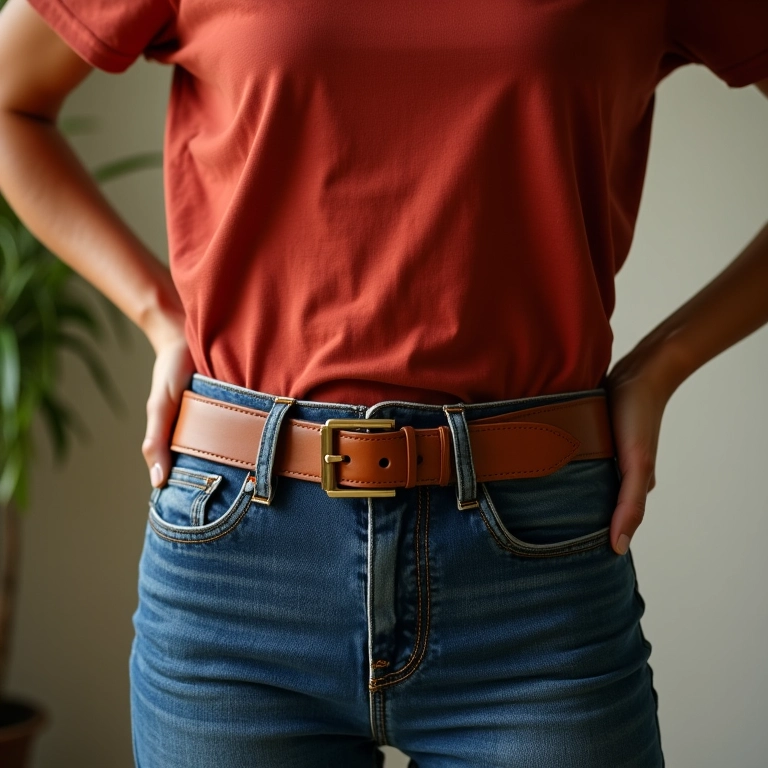 Mulher usando um cinto estiloso, marcando a cintura.