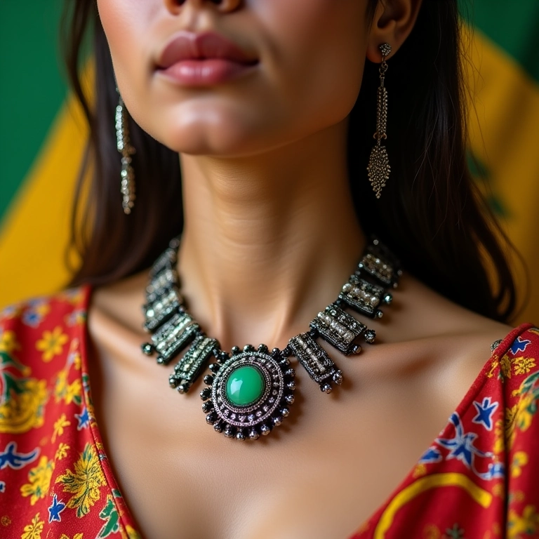 Mulher usando um colar statement chamativo com fundo de tecido brasileiro colorido.