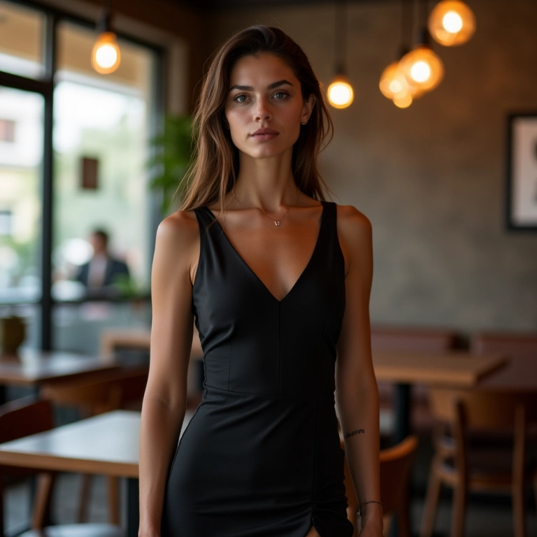 Mulher usando um pretinho básico em um café chique.