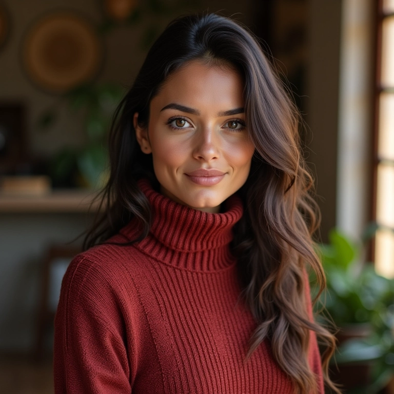Mulher usando um suéter de gola alta em um ambiente aconchegante.