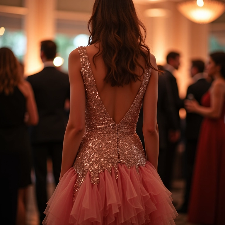 Mulher usando um vestido de paetês com babados em uma festa.