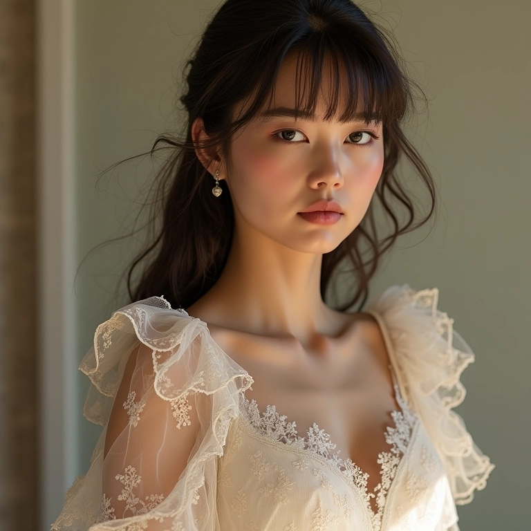 Mulher usando um vestido de renda com babados em um ambiente romântico.