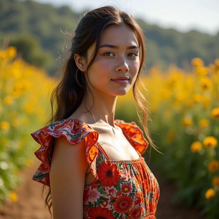 Mulher usando um vestido vibrante com estampa floral e babados.