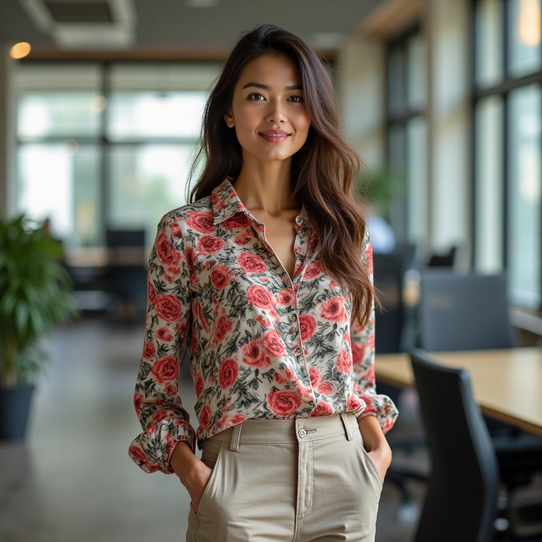 Mulher usando uma blusa floral colorida com calças neutras em um escritório.