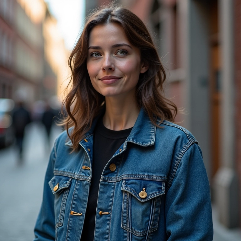 Mulher usando uma jaqueta jeans estilosa da Renner em ambiente urbano.