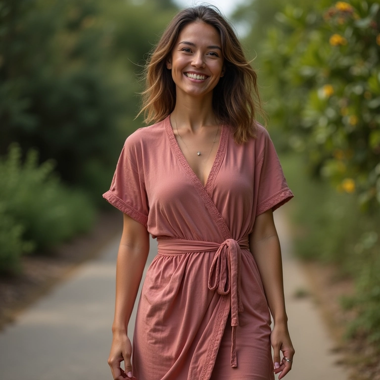 Mulher usando vestido envelope em um passeio casual, mostrando versatilidade.