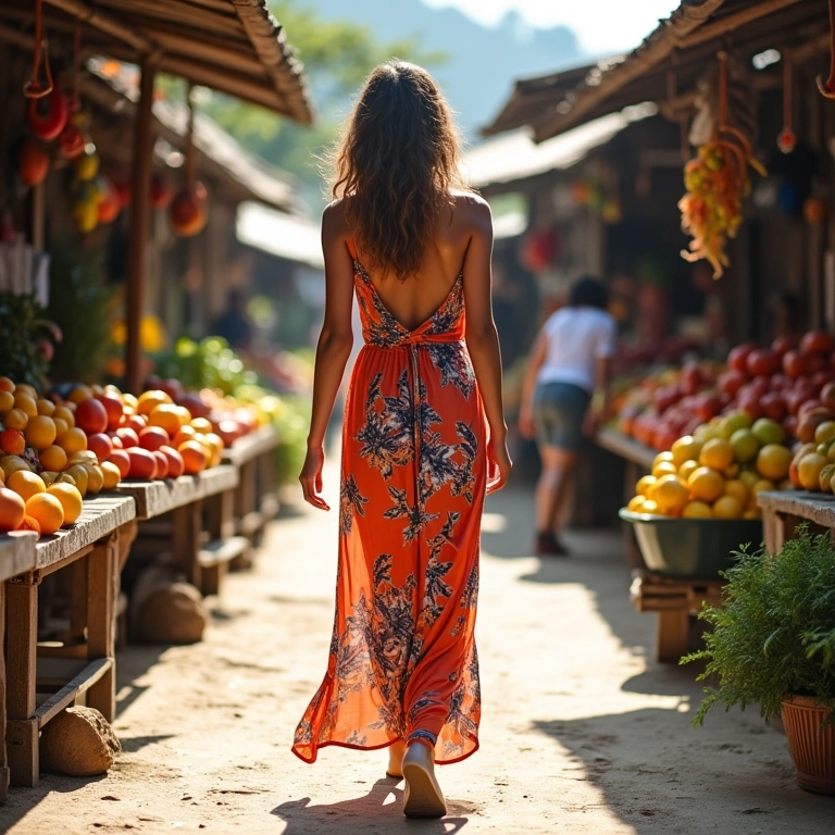 Mulher usando vestido longo floral em mercado brasileiro.