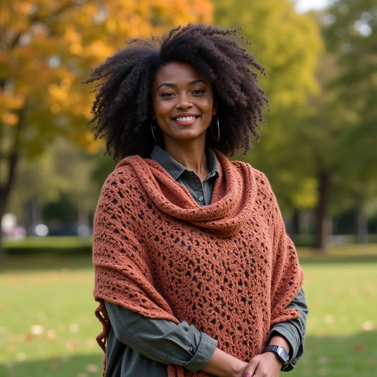 Mulher usando xale de crochê estiloso em parque com árvores verdes.