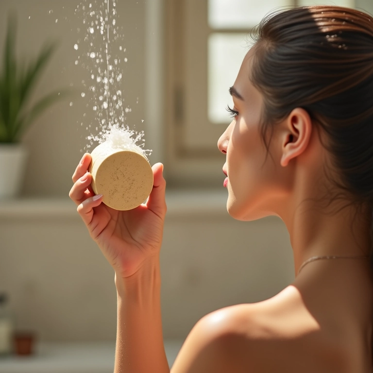 Mulher utilizando shampoo sólido, opção sustentável da técnica No Poo.