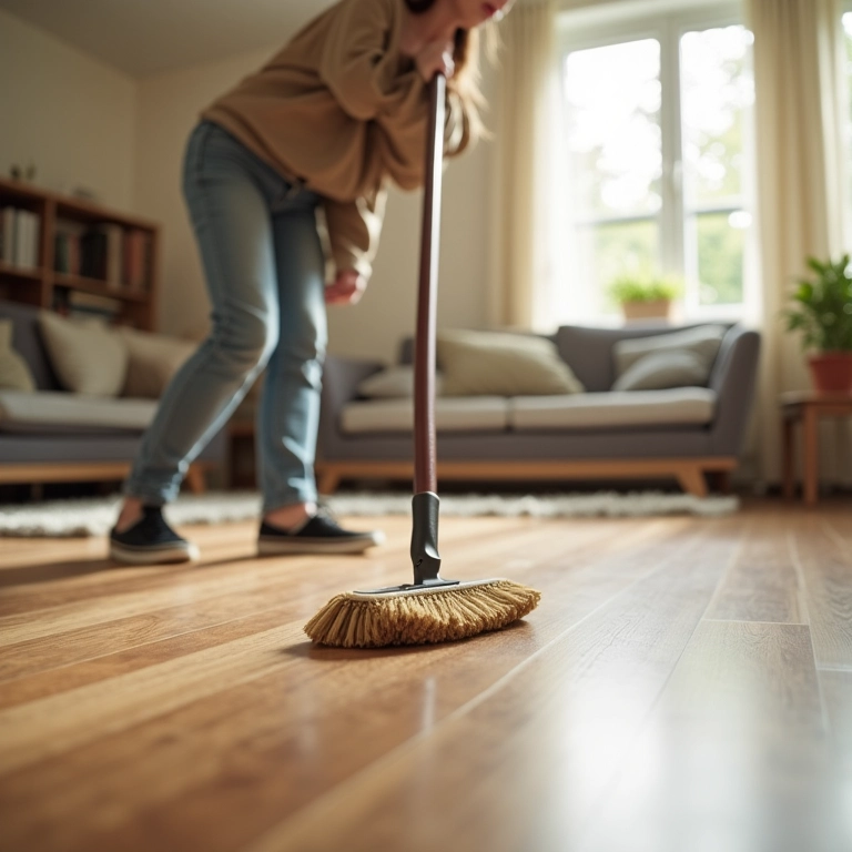 Mulher varrendo piso laminado em sala decorada no estilo Farm Rio.