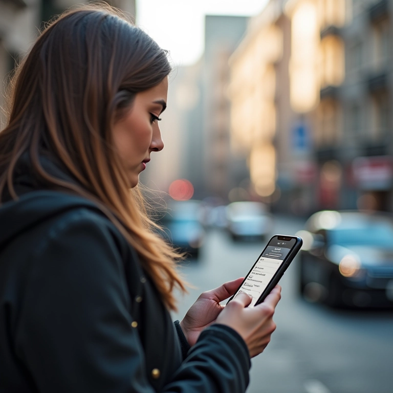 Mulher verificando avaliações de app de transporte.