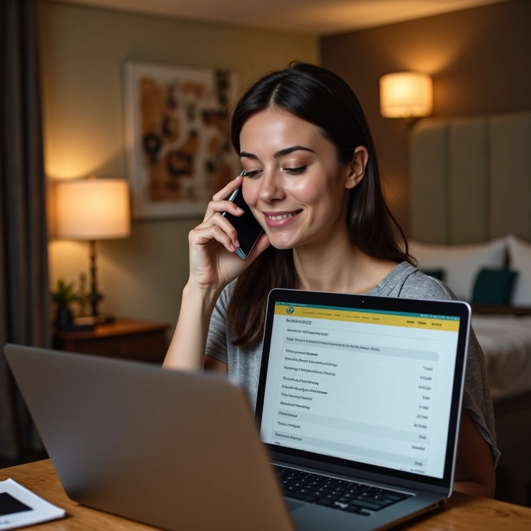 Mulher verificando política de cancelamento de hotel.