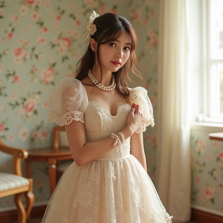 Mulher vestindo estilo coquette com laços e pérolas em um quarto floral ensolarado.