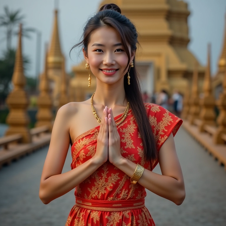 Mulher vestindo roupa tradicional tailandesa em frente a um templo.