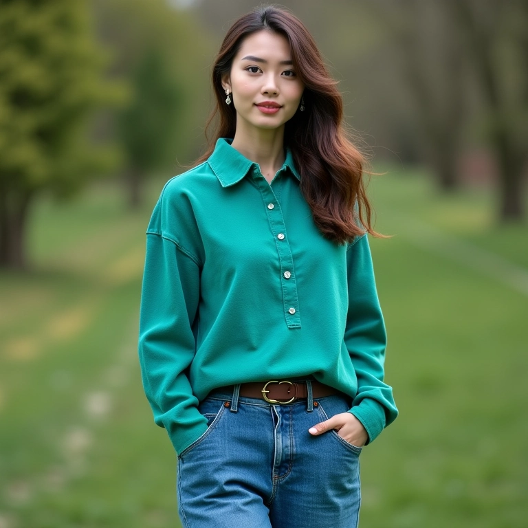 Mulher vestindo tons de azul e verde, criando um look com cores análogas.