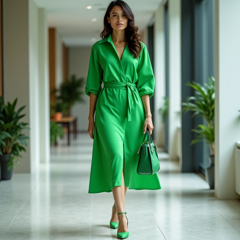 Mulher vestindo um look monocromático verde vibrante em um escritório moderno.