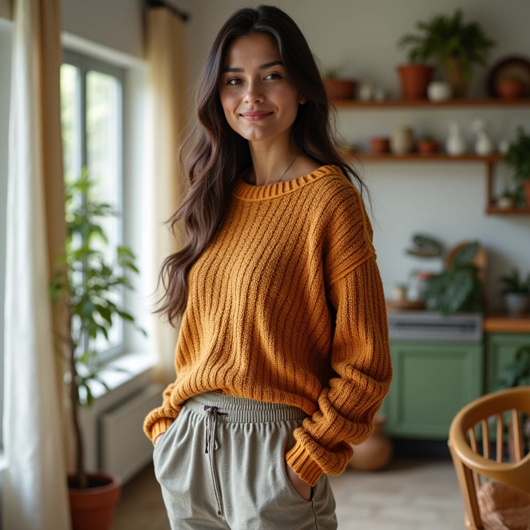 Mulher vestindo um suéter de tricô confortável e calças estilosas em casa.