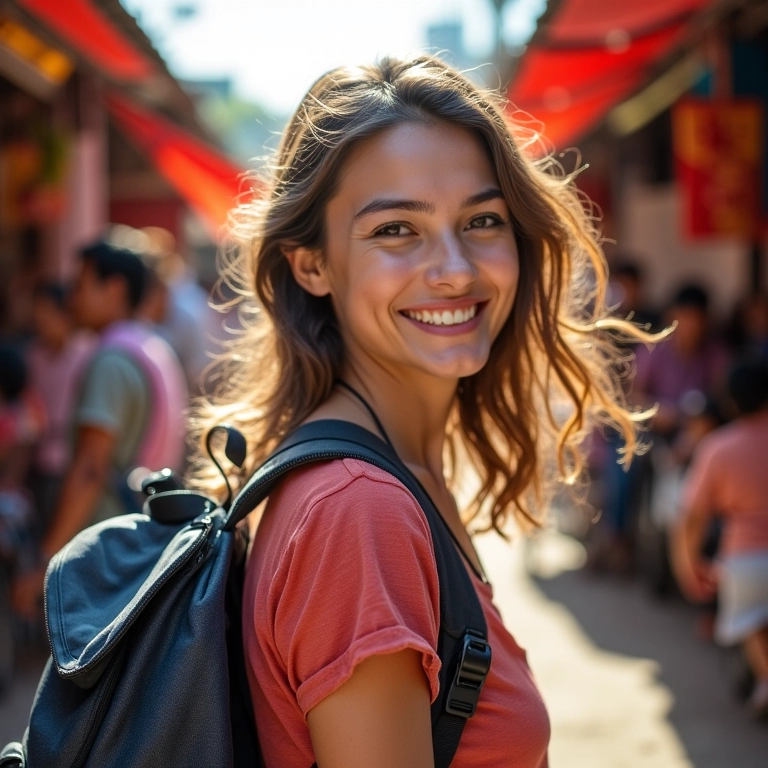Mulher viajando sozinha na Tailândia, sorrindo em um mercado vibrante.