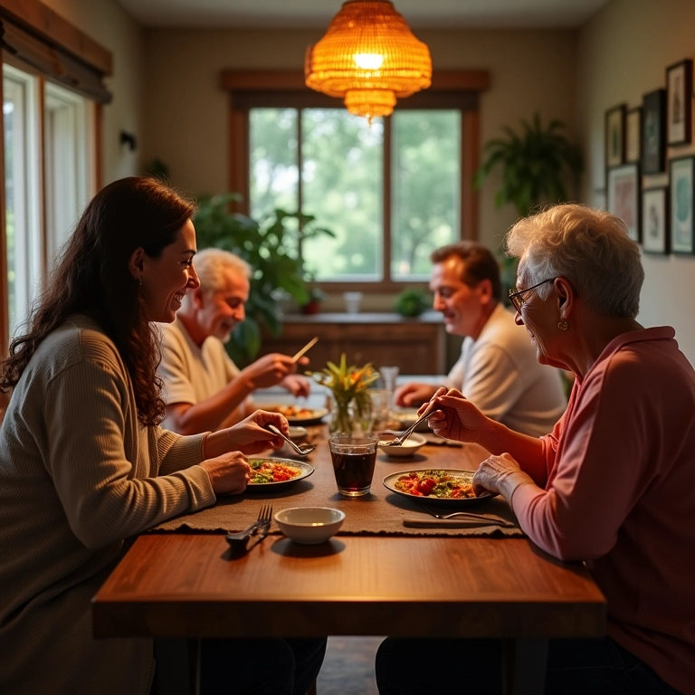 Mulher virginiana compartilhando refeição com pais em sala de jantar aconchegante.