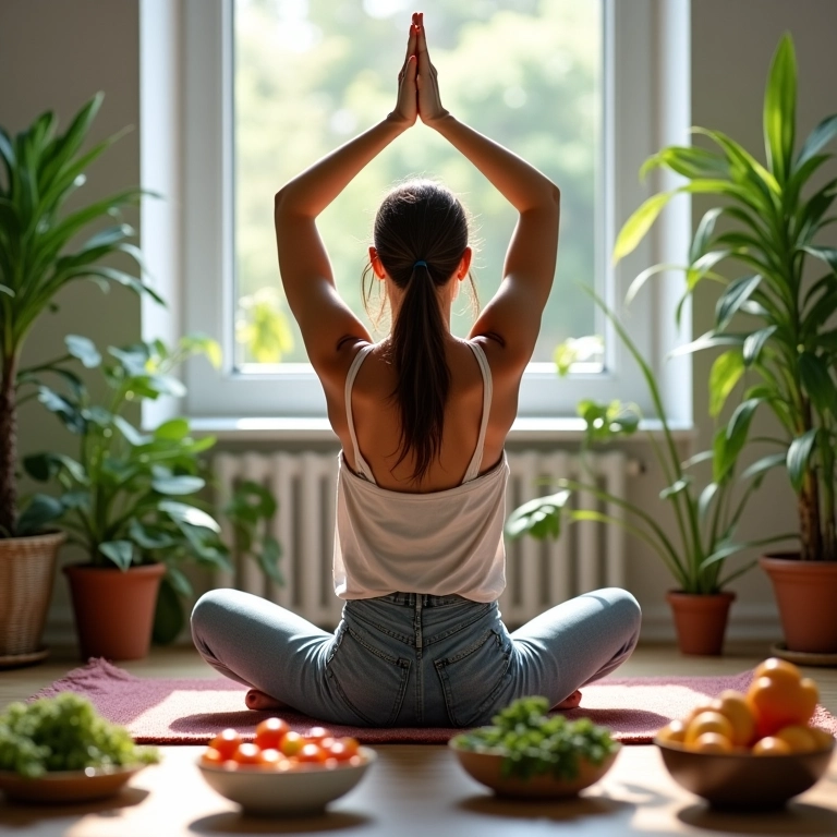 Mulher virginiana praticando yoga em casa, cercada de plantas e alimentos saudáveis.