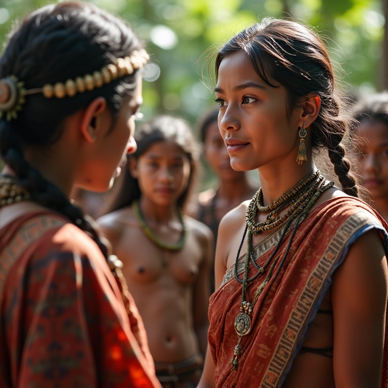 Mulher visita tribo indígena na Amazônia, perto de Manaus.