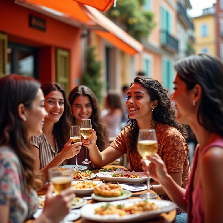 Mulheres apreciando tapas em um café vibrante na Espanha, celebrando a arte e a cultura.