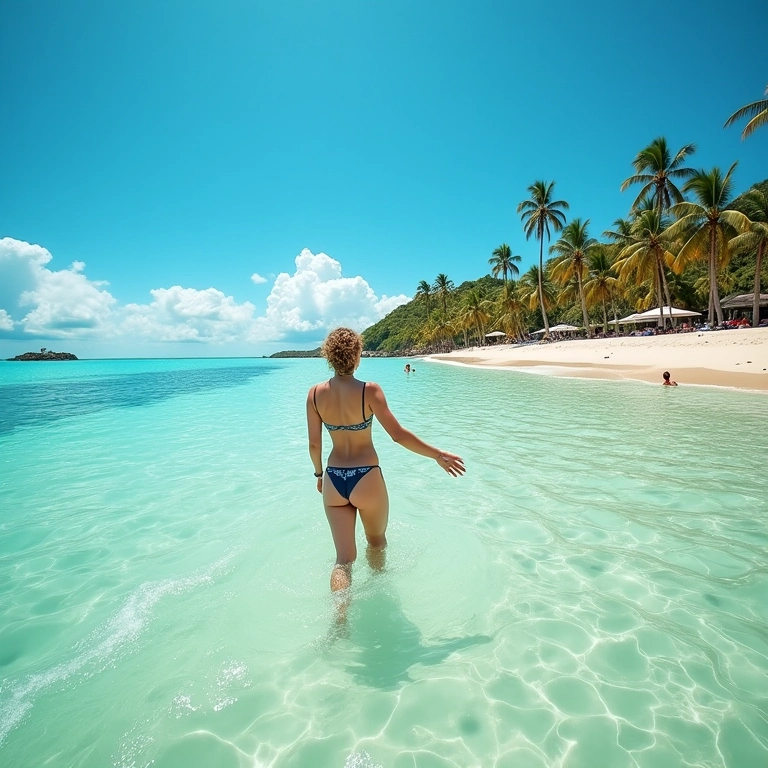 Mulheres aproveitando a Praia de Fortaleza, Ceará, com águas cristalinas e coqueiros.