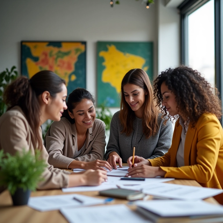 Mulheres brasileiras colaborando em projeto, impulsionando o crescimento profissional.