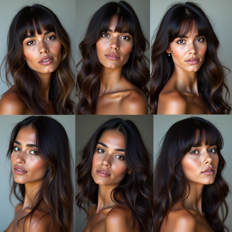 Mulheres brasileiras com cabelos longos e diferentes estilos de franja, representando a diversidade brasileira.