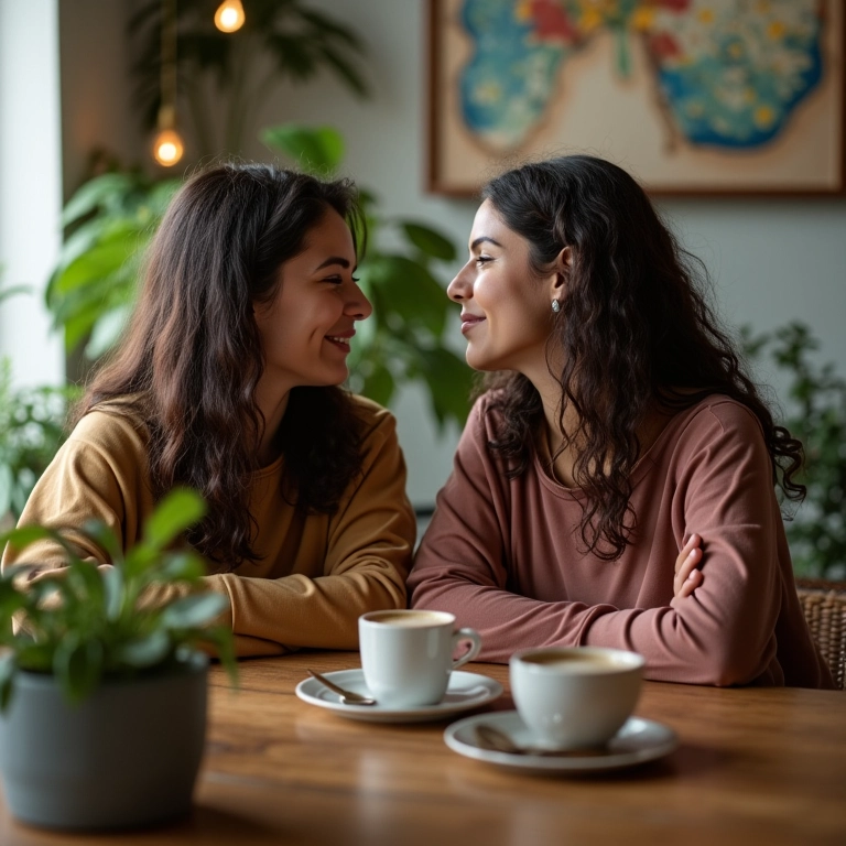 Mulheres brasileiras conversando e apoiando umas às outras em um café aconchegante.