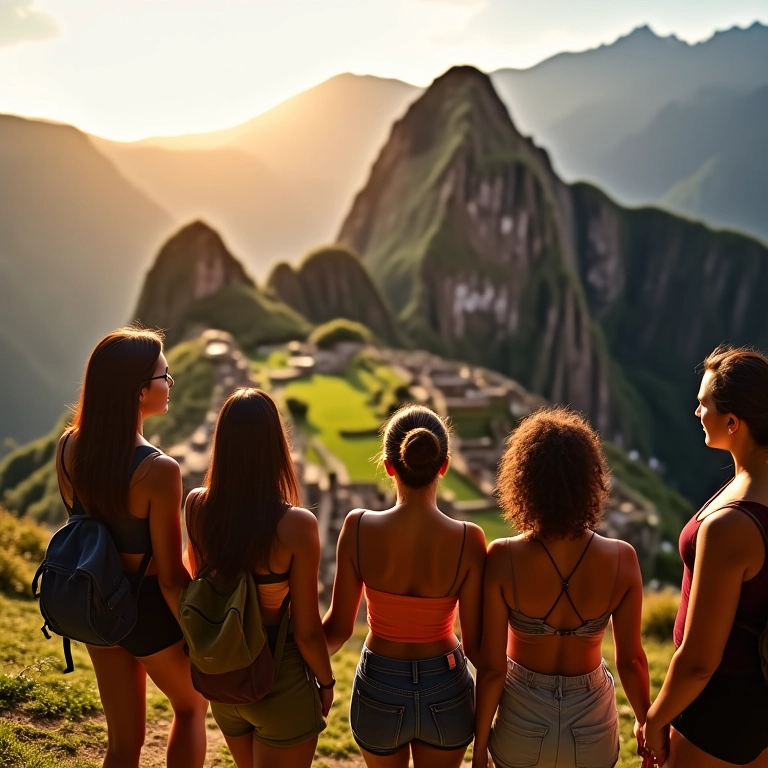 Mulheres brasileiras diversas celebrando a chegada à Porta do Sol em Machu Picchu.